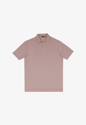 Polo shirt a maniche corte in cotone rosa morbido con colletto ripiegato e pattina con tre bottoni, caratterizzato da un corpo senza cuciture e un design minimalista.
