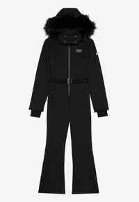 Combinaison de ski noire une pièce avec capuche bordée de fourrure, fermeture éclair frontale, ceinture, poches zippées et poignets allongés aux manches.