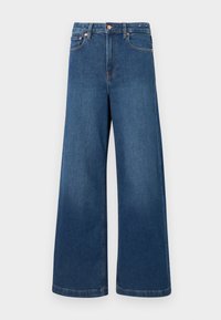 Weite Jeans aus dunkelblauem Denim. Merkmale sind eine hohe Taille, ein Knopfverschluss und ein klassisches Fünf-Taschen-Design mit kontrastierenden Nähten.