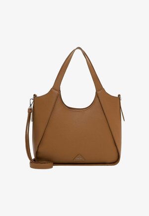 Sac à main en cuir marron avec poignées courtes, bandoulière détachable et un détail de logo triangulaire discret sur le devant.