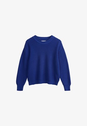 Pull en tricot bleu avec un col rond, des épaules tombantes, des poignets et un ourlet côtelés, présentant un motif texturé dans l'ensemble.