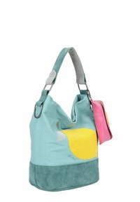 Sac d'épaule en tissu vert avec des accents texturés jaunes et gris, équipé d'une mini pochette rose amovible et d'une base en suède douce.