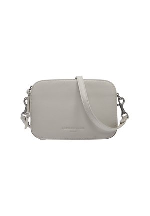Light gray leather crossbody bag with rectangular shape, smooth texture, adjustable strap, and embossed logo on the front.