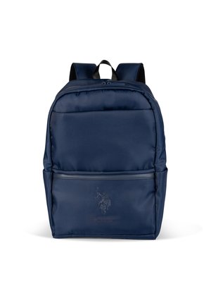 Navy blue, padded backpack with a smooth texture, featuring a front zip pocket, logo embossed on lower front, and adjustable shoulder straps.