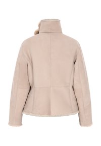 Veste en cuir beige clair au design structuré, col haut et bordure en fourrure le long des poignets et de l'ourlet, avec un dos sans coutures.