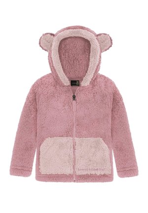 Pink Fleecejacke mit Bärenohren, kuscheliger Textur, vollem Reißverschluss und einer hellpinken Fronttasche. Kapuze mit kontrastierendem Material gefüttert.