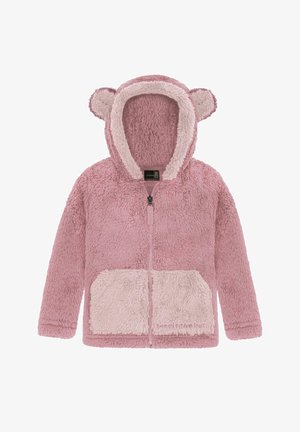 Pink fleece jacket with bear ears, fuzzy texture, full zipper, and a light pink front pocket. Hood lined with contrasting material.