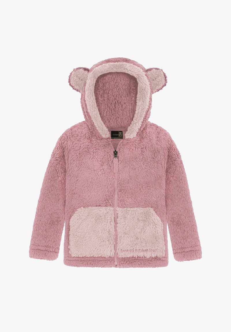 Pink Fleecejacke mit Bärenohren, kuscheliger Textur, vollem Reißverschluss und einer hellpinken Fronttasche. Kapuze mit kontrastierendem Material gefüttert.