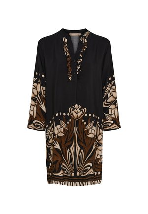Sort kjole med flæsekant ved halsudskæringen og knapdetalje. Har et blomsterprint i creme og brun ved kanten og ærmerne.