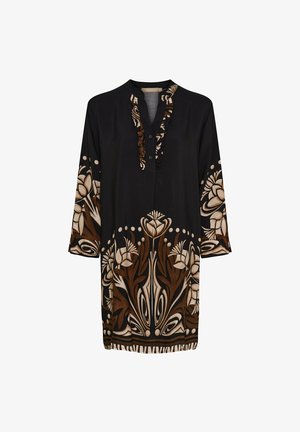Sort kjole med flæsekant ved halsudskæringen og knapdetalje. Har et blomsterprint i creme og brun ved kanten og ærmerne.