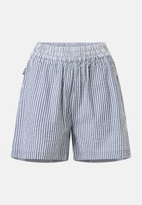 Shorts à taille élastique bleu et blanc à rayures verticales, en tissu texturé, coupe décontractée.