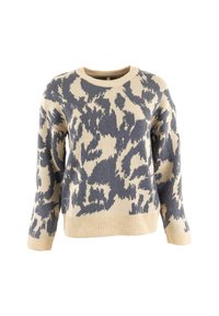 Pull en tricot avec un motif abstrait beige et marine, encolure ronde, manches longues, et finitions côtelées aux poignets et à l'ourlet.
