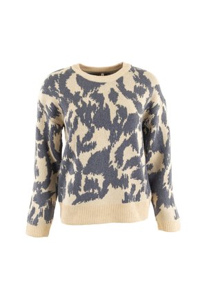 Maglione lavorato a maglia con un motivo astratto beige e blu navy, scollo rotondo, maniche lunghe e polsini e orlo a coste.
