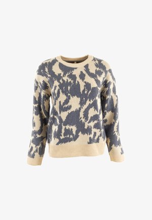 Maglione lavorato a maglia con un motivo astratto beige e blu navy, scollo rotondo, maniche lunghe e polsini e orlo a coste.