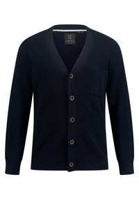 Cardigan a coste navy con scollatura a V, sei grandi bottoni, taschino sul petto e dettaglio del colletto interno a contrasto. Materiale tessile morbido.