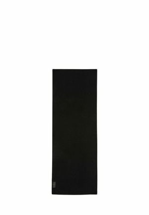 Tappetino da yoga rettangolare nero con una piccola etichetta in un angolo, posizionato su sfondo bianco.