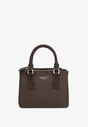 Piccola borsa in camoscio marrone scuro con doppi manici e cerniera argentata, con il logo "DIANA&CO FIRENZE" al centro della parte frontale.
