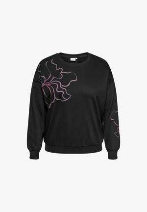Sudadera negra de manga larga con un gran diseño floral púrpura en el lado izquierdo. Fabricada en un tejido suave y con un corte relajado.
