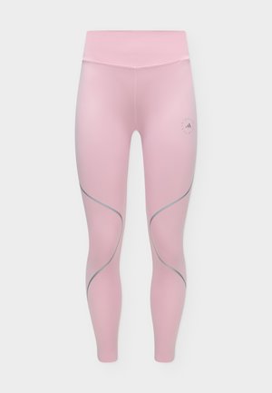 Legging de sport rose de pleine longueur, avec une taille haute, des détails de coutures grises incurvées et un petit logo Adidas.