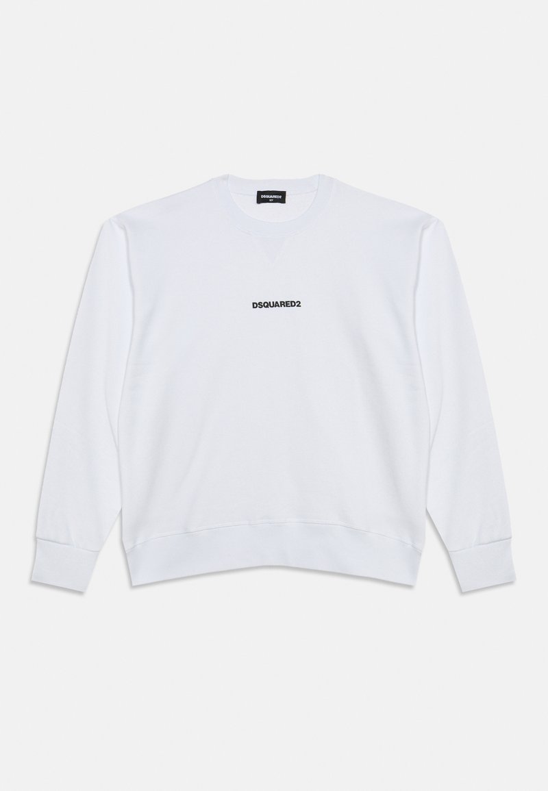 Sweat-shirt blanc à manches longues avec col rond et texte "DSQUARED2" imprimé en noir au centre devant.
