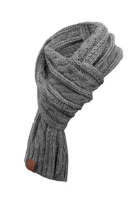 Gray knitted scarf with a textured, ribbed design and a leather accent tag. Soft material with a twisted appearance and fringed ends.