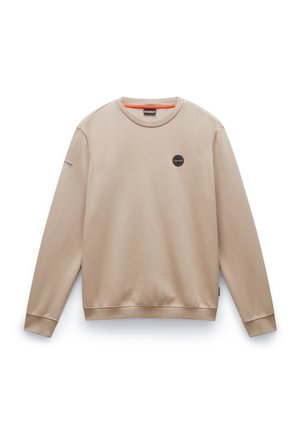 Beige Sweatshirt mit langen Ärmeln, Rundhalsausschnitt, weicher Textur, mittigem Logopatch und einem kontrastierenden Inneren Kragen in Orange.