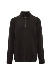 Schwarzer Pullover aus weichem Material mit hohem Kragen und kurzem Reißverschluss am Hals. Lange Ärmel und lockere Passform.