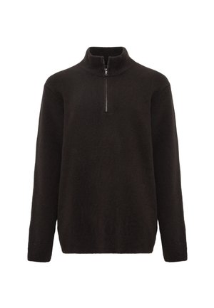 Schwarzer Pullover aus weichem Material mit hohem Kragen und kurzem Reißverschluss am Hals. Lange Ärmel und lockere Passform.