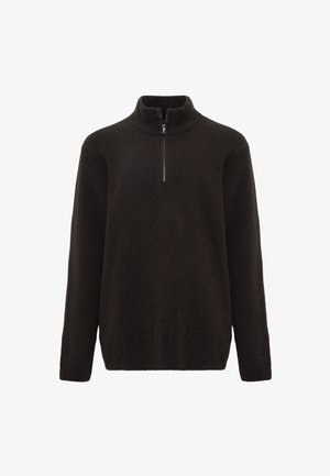 Schwarzer Pullover aus weichem Material mit hohem Kragen und kurzem Reißverschluss am Hals. Lange Ärmel und lockere Passform.