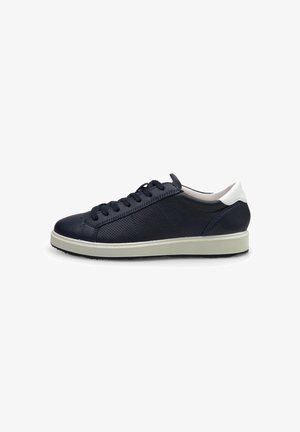 Navy leather sneaker with perforated design, white heel accent, flat rubber sole, and lace closure. Smooth texture with contrasting elements.