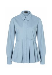 Camicia azzurro chiaro a maniche lunghe con colletto, frontale plissettato e polsini con bottoni. Realizzata in tessuto liscio e intrecciato.
