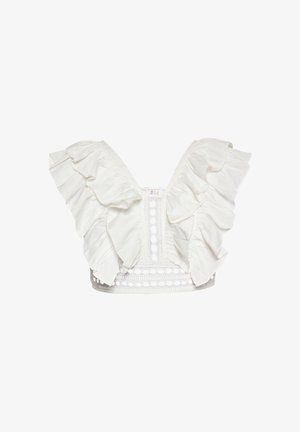 Weißes Cropped-Top mit Rüschensleeves, das einen tiefen V-Ausschnitt und Augenleder-Stickereien entlang des Saums und der Knopfleiste mit kreisförmigen Ausschnitten aufweist.