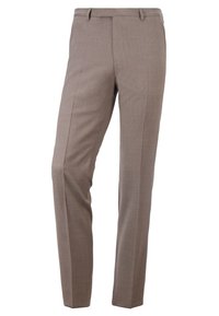 Brązowe spodnie na miarę o gładkiej fakturze, prostym kroju i pojedynczych plisach. Wykonane z lekkiego materiału, z szlufkami na pasek i zamkiem błyskawicznym.
