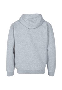 Felpa grigia con cappuccio e una texture morbida, caratterizzata da un design semplice, maniche lunghe e una tasca a marsupio nella parte anteriore.