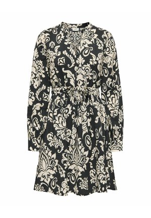 Robe noire à manches longues avec un motif floral et cachemire blanc complexe, encolure en V, taille cintrée avec une ceinture en tissu.