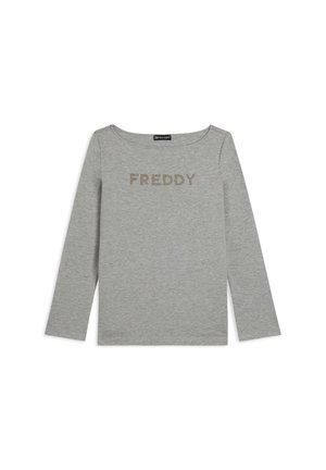 Camicia a maniche lunghe grigia in morbido cotone misto, con la parola "FREDDY" in perline metalliche lucide sul petto. Collo tondo.