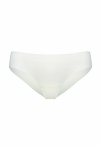 Weiße nahtlose Unterhosen aus glattem Stoff, mit einem tiefen Schnitt, minimaler Naht und ohne sichtbaren Bund.