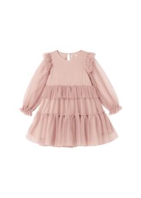 Helles pinkes Kleid mit Rüschenschultern und geschichteter Tüllrock, versehen mit Punkten und einem Schlüssel-Loch-Rücken.