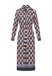 Gestreepte jurk met een geometrisch ontwerp in marineblauw, oranje en wit, met een kraag, knoopsluiting aan de voorkant en een tailleband. Lange mouwen met contrasterende manchetten.