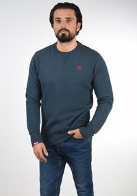 Donkerblauwe sweatshirt van zachte stof, met een ronde hals, lange mouwen en een klein rood logo op de borst. Draagt blauw spijkerbroek.