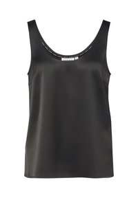 Schwarzes ärmelloses Top mit einem Rundhalsausschnitt, aus glattem Stoff gefertigt. Verfügt über eine lockere Passform und ein Etikett mit dem Markennamen "COMMA".