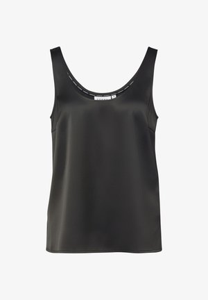 Top nero senza maniche con scollo a giro, realizzato in tessuto liscio. Presenta una vestibilità ampia e un'etichetta con il nome del marchio "COMMA."