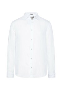 Camisa de lino blanca de botones con cuello clásico y mangas largas, con cierres de botón en el frente y un corte relajado.