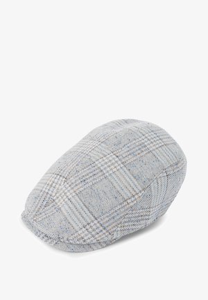 Grau kariertes Flat Cap mit weicher Textur, das ein hellblaues und braunes Muster aufweist. Gerundete Form mit leicht erhöhtem Rücken.