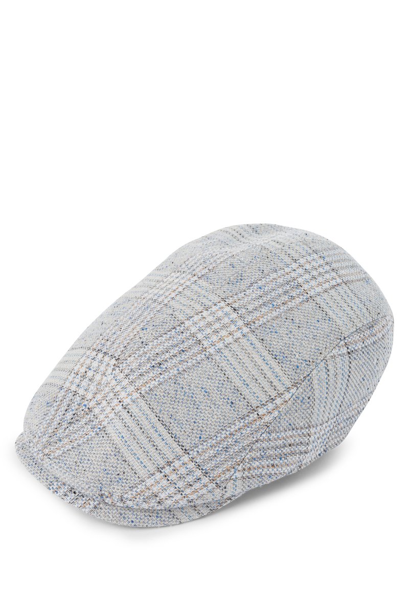 Grijze geblokte pet met een zachte textuur, voorzien van een lichtblauw en bruin patroon. Rond gevormd met een iets verhoogde achterkant.