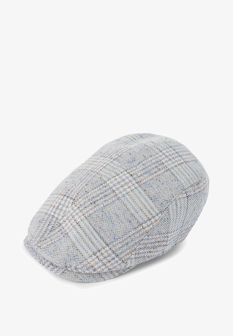 Grijze geblokte pet met een zachte textuur, voorzien van een lichtblauw en bruin patroon. Rond gevormd met een iets verhoogde achterkant.