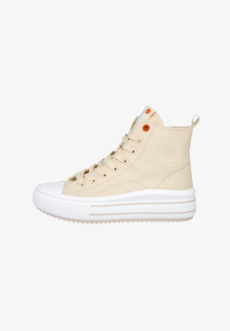 Zapatillas de deporte altas beige de material de lona, con puntera de goma blanca, suela texturizada y ojete naranja, que presentan un logo en el lateral.