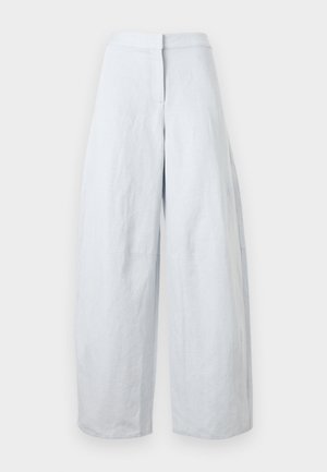 High-waist, wide-leg white linen trousers with front button and zipper closure, displayed against plain background.
