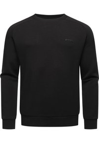 Sort sweatshirt med rund hals og ribbede manchetter. Glat stof med et lille logo-patch på brystet. Enkel, strømlinet design.