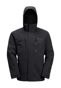 Schwarze wasserdichte Jacke mit einem Reißverschluss vorne, verstellbarem Kapuzenkragen und zwei Reißverschlusstaschen auf der Brust. Verfügt über eine glatte Textur und ein minimales Design.